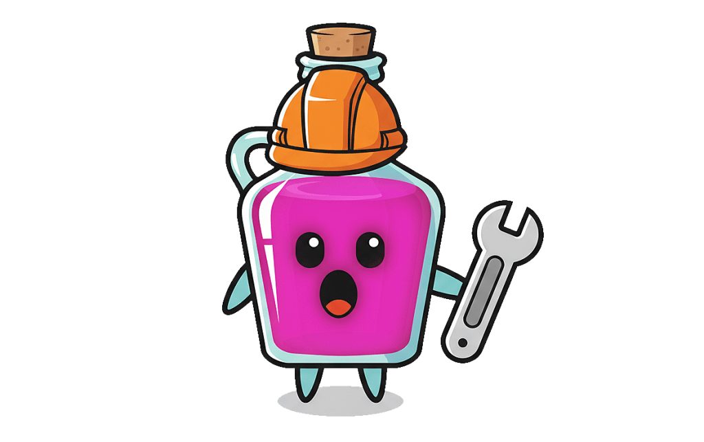 Rajzfilmes Bobovinegret Körte-Levendula termék üveg illusztrációja. A lila/rózsaszín üveg karakter építősisakot visel és csavarkulcsot tart, ezzel utalva a kézműves minőség karbantartására.